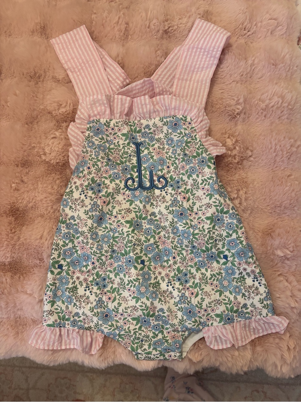 Floral Ruffle Baby Sunsuit with Pink Stripes